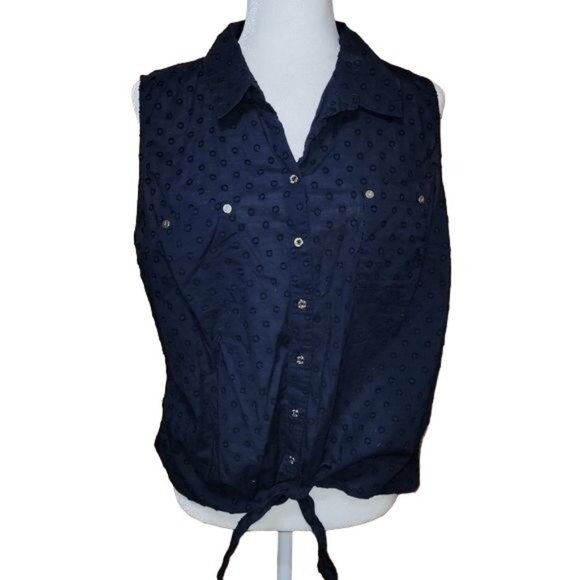 Anne Klein Tops - Anne Klein Women's Size XL Navy Blue Woven Sleeveless Blouse Button Up Collar